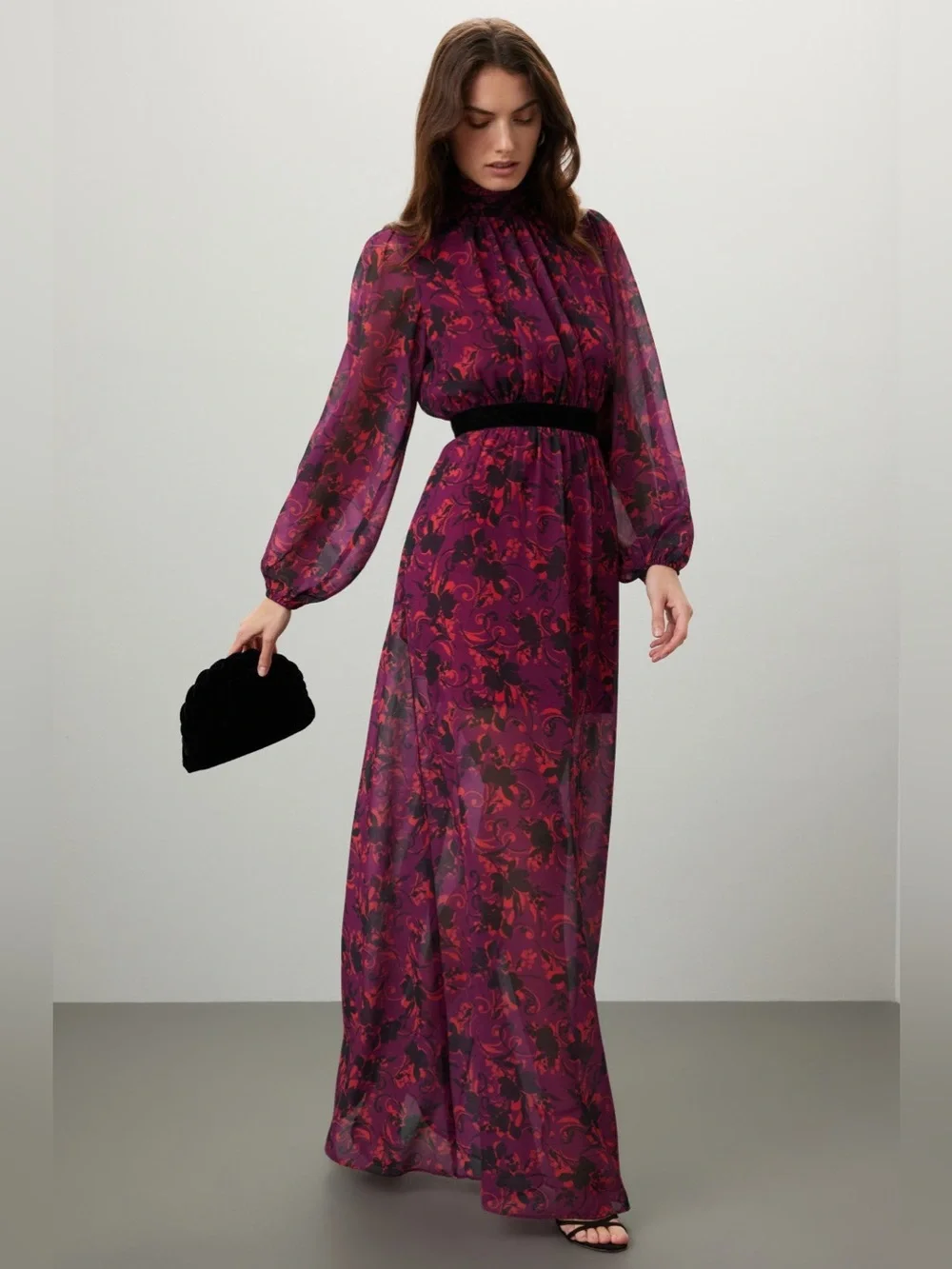 Floral Print High-Neck Long Sleeve Maxi Dress - Purple - Picture 1 of 9